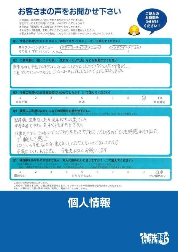 プロテクションフィルム、プレミアムコーティング・スズキ スイフトスポーツ・埼玉県三芳町のK様サムネイル