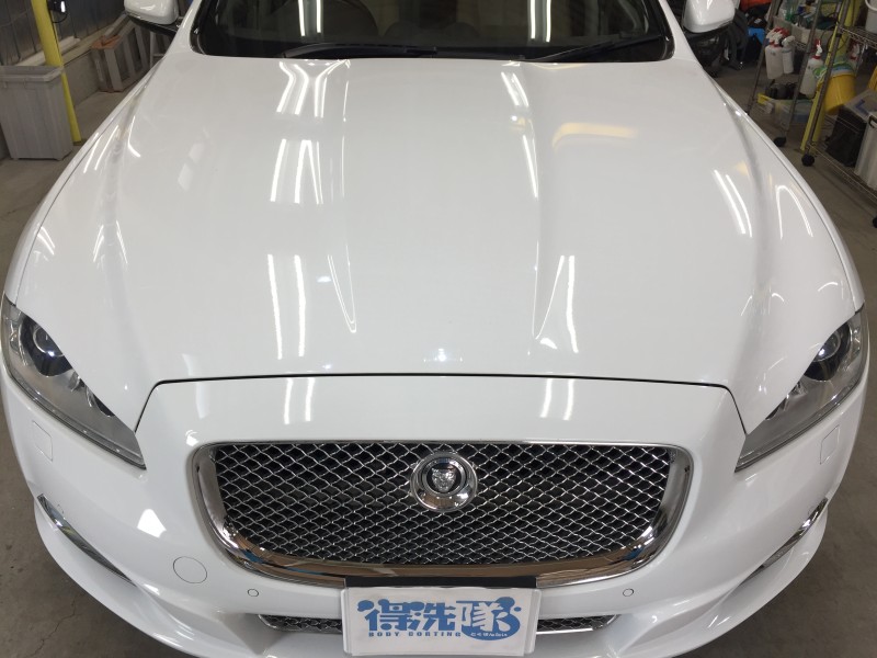 ガラスコーティング後のジャガー XJ のボンネット