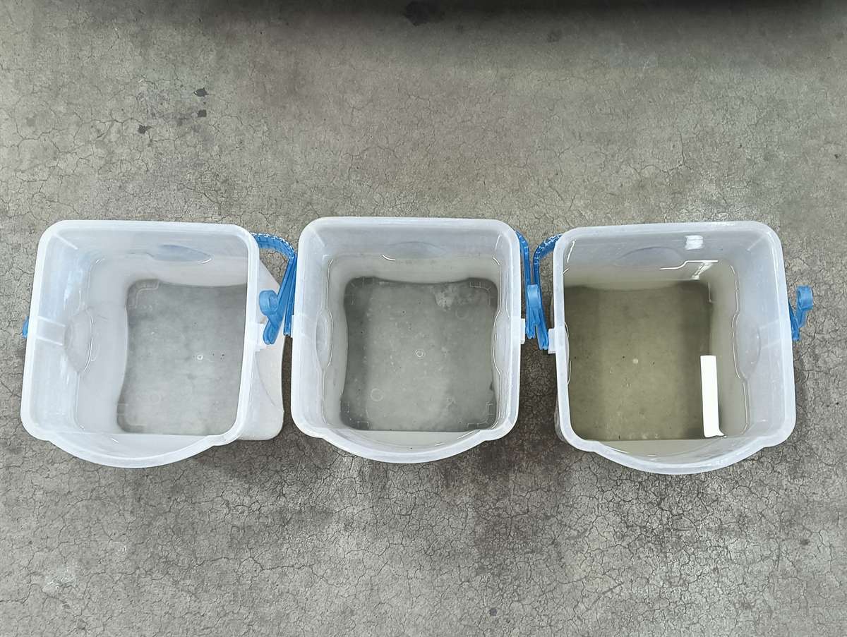 エアコンを洗った水を入れた3つの容器。回を重ねるごとに透明に近づいている